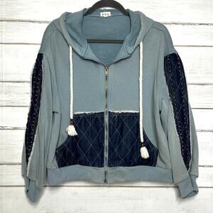 POL Denim Patchwork Hoodie Jacket Women’s Small Blue Gray Zip Up Boho Studded